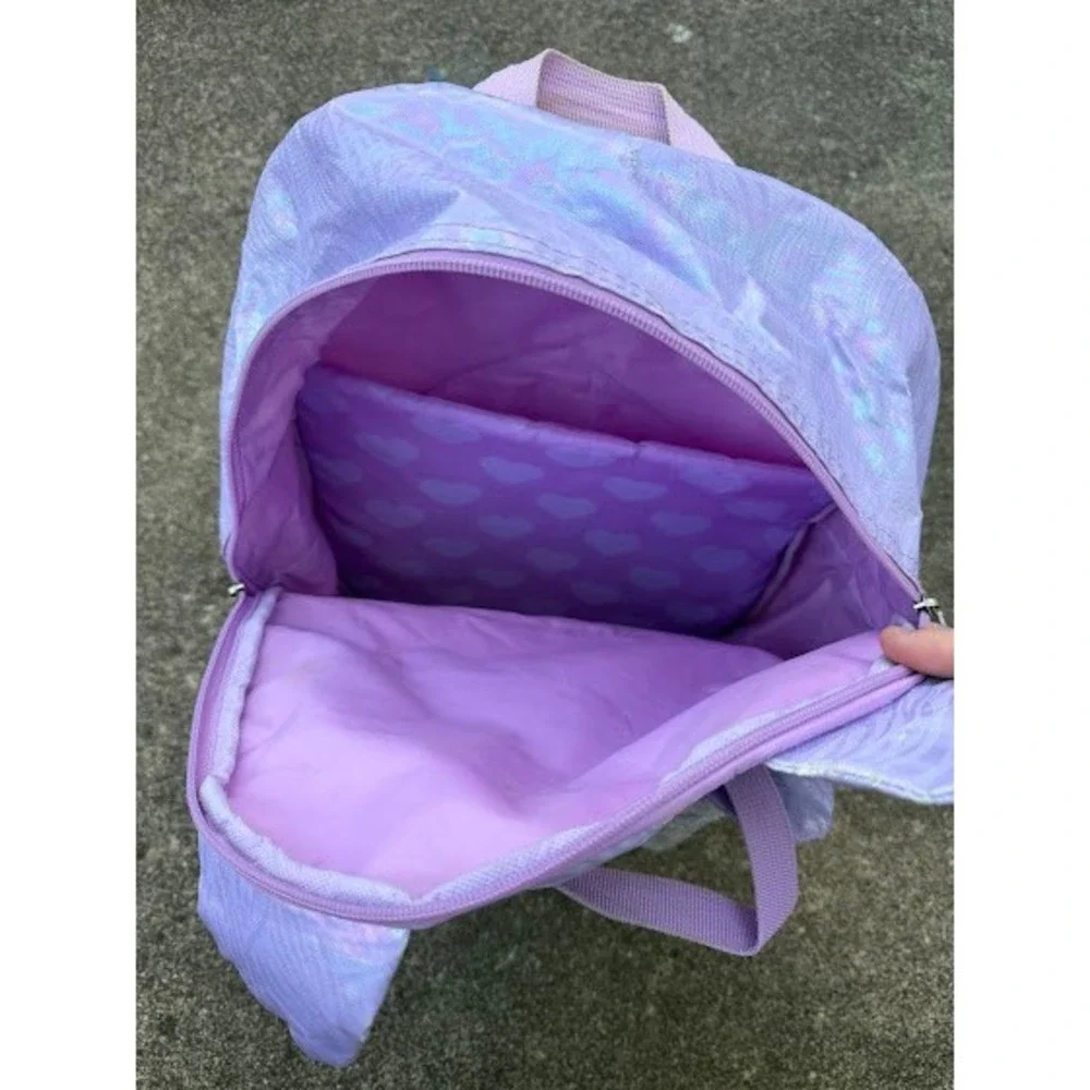 Kids Lavender Iridescent Cat Backpack Silver Sequin Heart Kitten School Bag‎